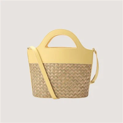 Lady Yellow Pu & Woven Straw Basket Bag